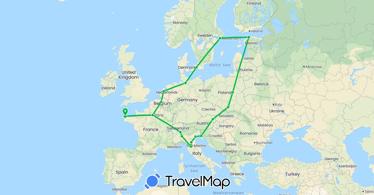 TravelMap itinerary: driving, bus in Austria, Belgium, Switzerland, Germany, Denmark, Estonia, France, Italy, Netherlands, Poland, Sweden, Slovenia (Europe)